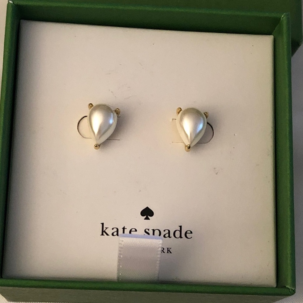 Kate Spade Have A Ball Gold Tone & White Teardrop Faux Pearl Stud Earrings NIB